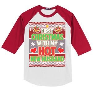 First Christmas With Hot Husband Ugly Sweater Kids Colorblock Raglan Jersey