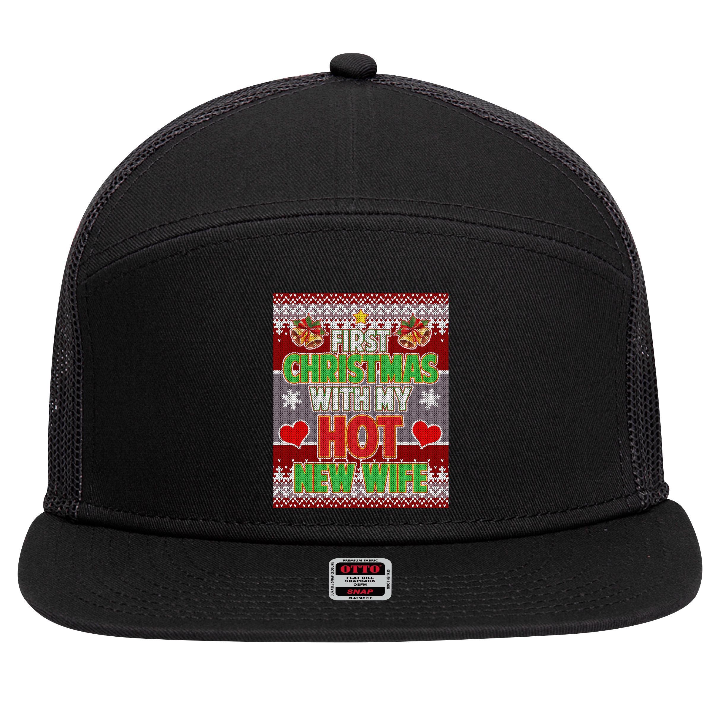 First Christmas With Hot Wife Ugly Sweater 7 Panel Mesh Trucker Snapback Hat