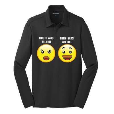 First I Was Like Emoji Faces Silk Touch Performance Long Sleeve Polo