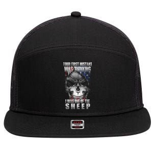 First Mistake Was Thinking I Was One Of the Sheep 7 Panel Mesh Trucker Snapback Hat