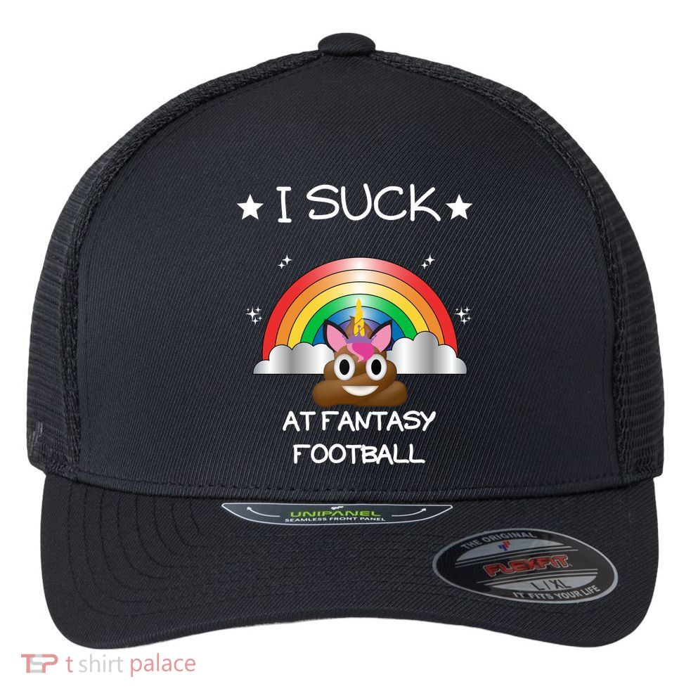 Funny I Suck At Fantasy Football Poop Unicorn Punishment Design Flexfit Unipanel Trucker Cap