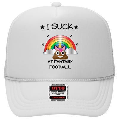 Funny I Suck At Fantasy Football Poop Unicorn Punishment Design High Crown Mesh Back Trucker Hat