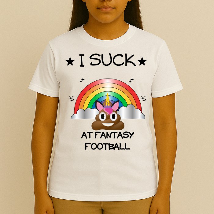Funny I Suck At Fantasy Football Poop Unicorn Punishment Design T-Shirt