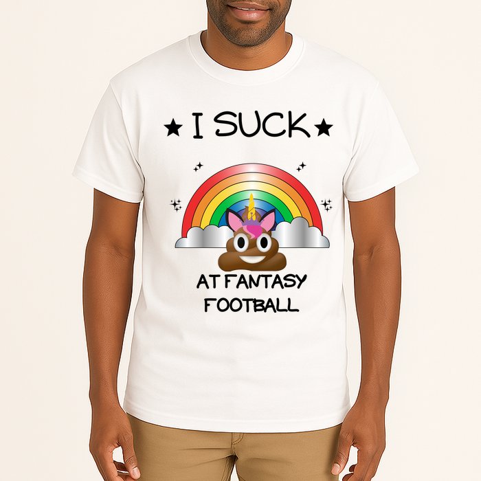 Funny I Suck At Fantasy Football Poop Unicorn Punishment Design Tall T-Shirt
