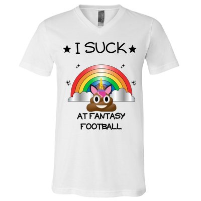 Funny I Suck At Fantasy Football Poop Unicorn Punishment Design V-Neck T-Shirt