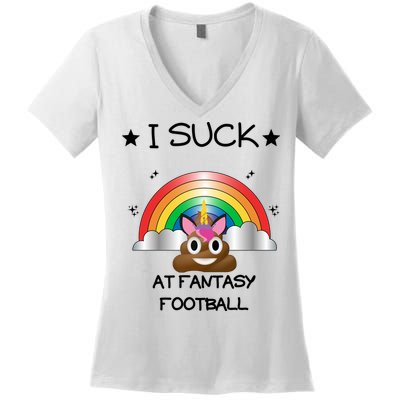 Funny I Suck At Fantasy Football Poop Unicorn Punishment Design Women's V-Neck T-Shirt