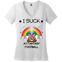 Funny I Suck At Fantasy Football Poop Unicorn Punishment Design Women's V-Neck T-Shirt