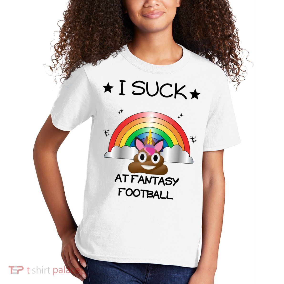 Funny I Suck At Fantasy Football Poop Unicorn Punishment Design Kids T-Shirt