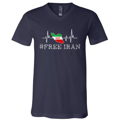 Free Iran Symbol Flag Heartbeat Freedom Love V-Neck T-Shirt