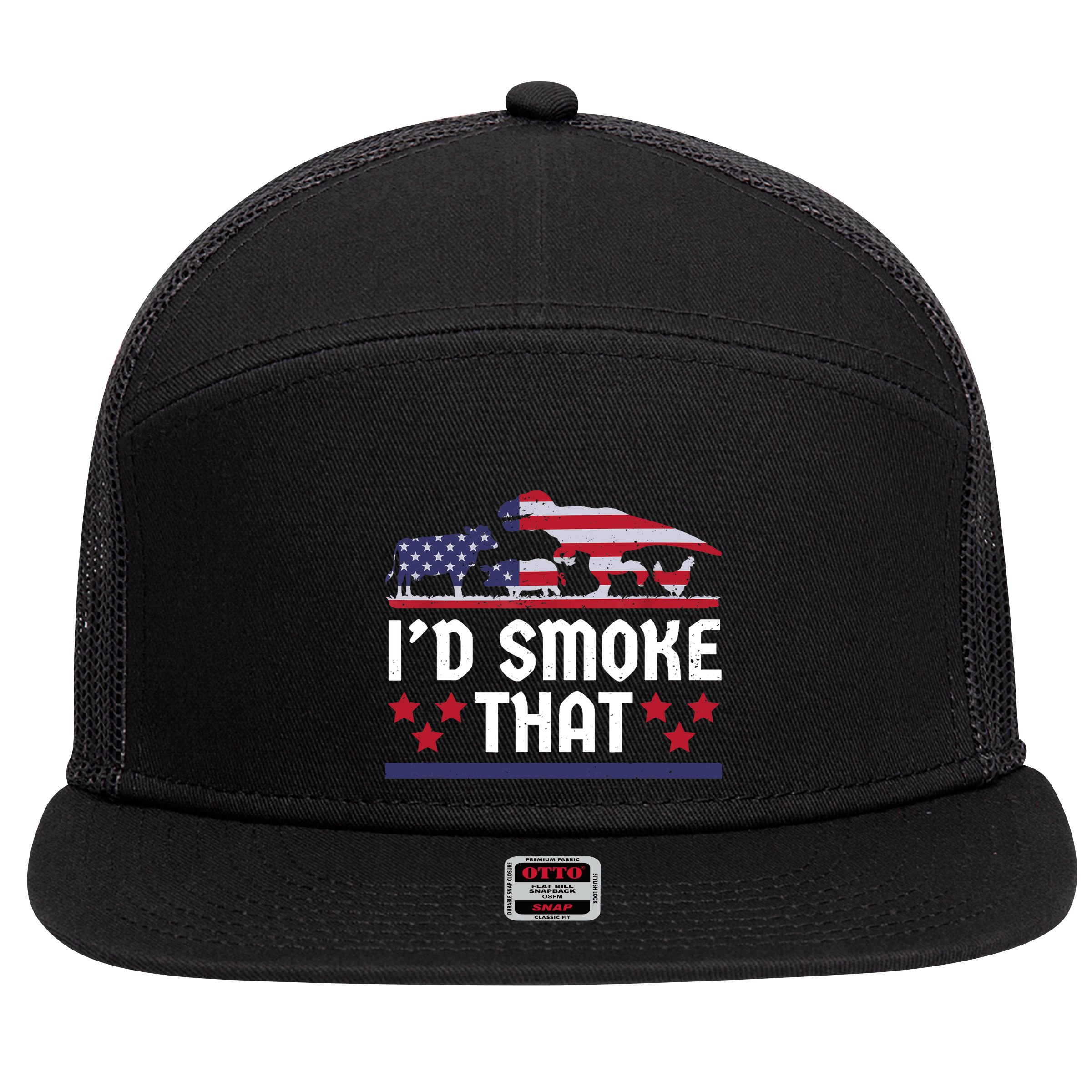 Funny ID Smoke That Bbq Barbeque Patriot Dinosaur 7 Panel Mesh Trucker Snapback Hat
