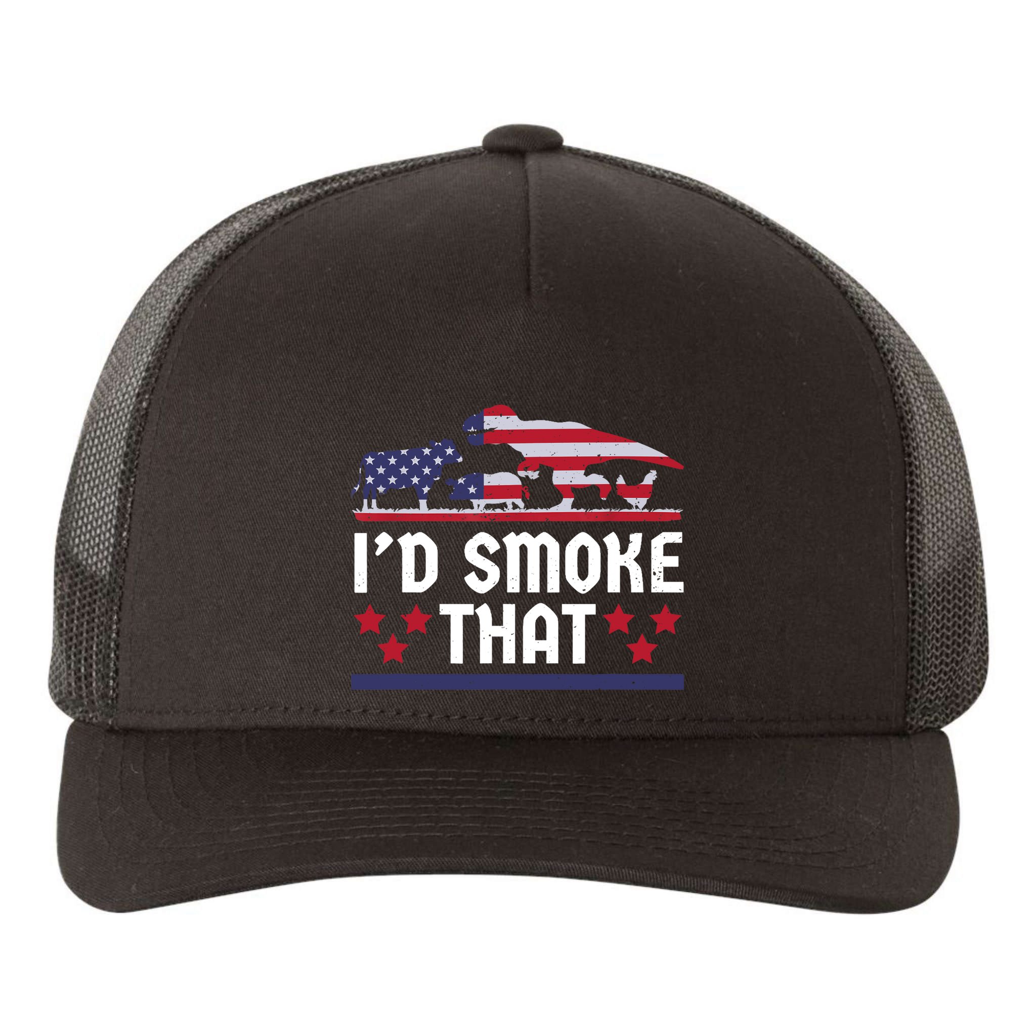 Funny ID Smoke That Bbq Barbeque Patriot Dinosaur Yupoong Adult 5-Panel Trucker Hat