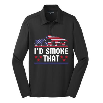 Funny ID Smoke That Bbq Barbeque Patriot Dinosaur Silk Touch Performance Long Sleeve Polo