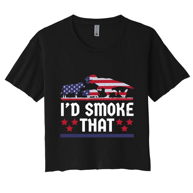 Funny ID Smoke That Bbq Barbeque Patriot Dinosaur Women's Crop Top Tee