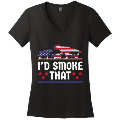 Funny ID Smoke That Bbq Barbeque Patriot Dinosaur Women's V-Neck T-Shirt