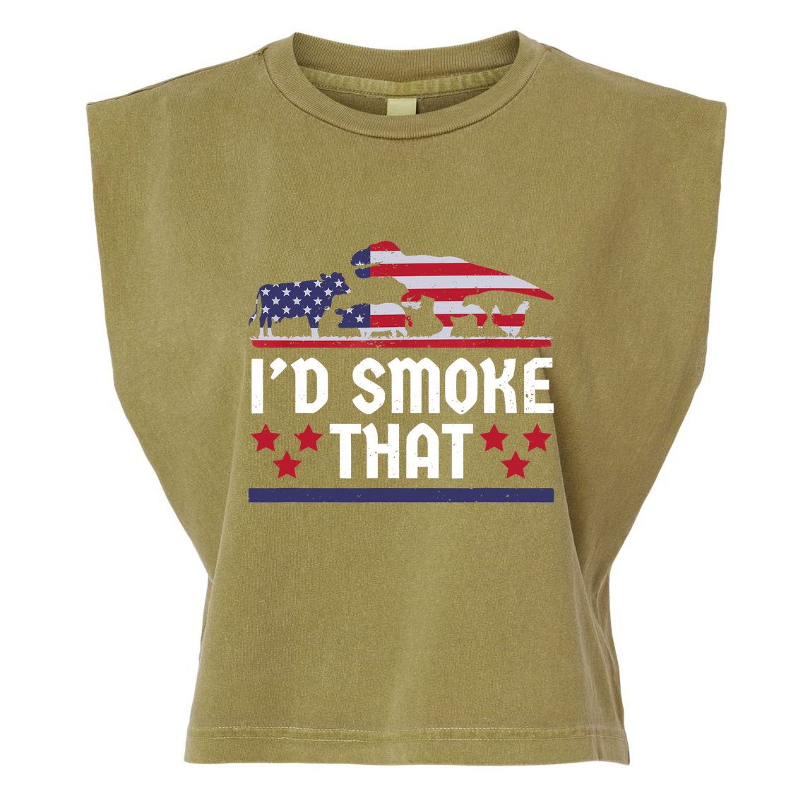 Funny ID Smoke That Bbq Barbeque Patriot Dinosaur Garment-Dyed Women's Muscle Tee