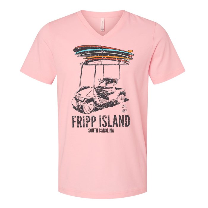 Fripp Island South Carolina Golf Cart Surfer Lowcountry V-Neck T-Shirt