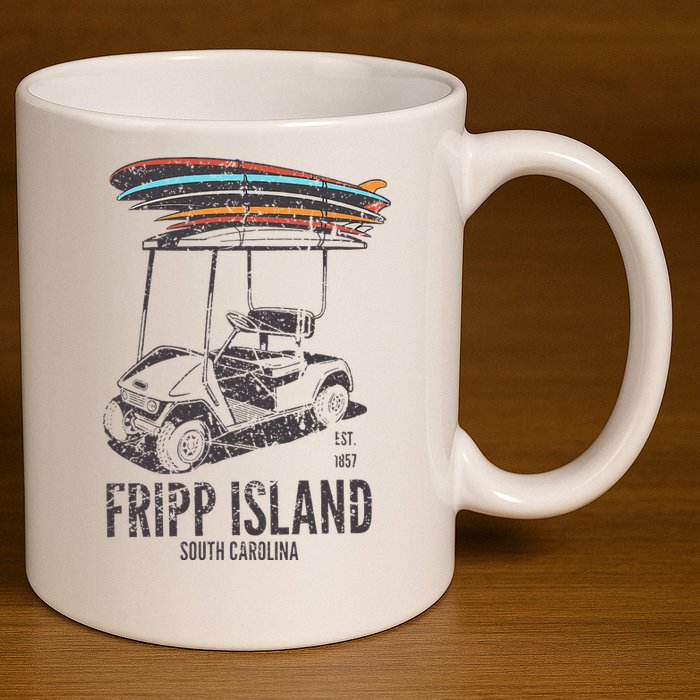 Fripp Island South Carolina Golf Cart Surfer Lowcountry 11oz C Handle Ceramic Mug