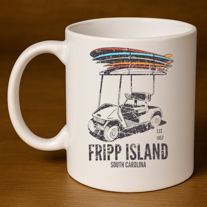 Fripp Island South Carolina Golf Cart Surfer Lowcountry 11oz C Handle Ceramic Mug