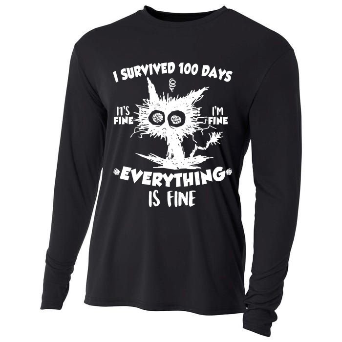 Funny I Survived 100 Days It's Fine I'm Fine Everything Is Fine Cooling Performance Long Sleeve Crew