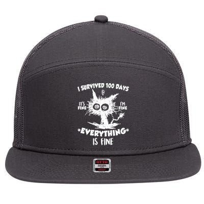 Funny I Survived 100 Days It's Fine I'm Fine Everything Is Fine 7 Panel Mesh Trucker Snapback Hat