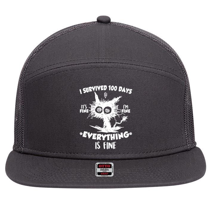 Funny I Survived 100 Days It's Fine I'm Fine Everything Is Fine 7 Panel Mesh Trucker Snapback Hat