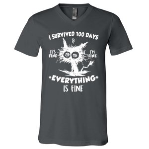 Funny I Survived 100 Days It's Fine I'm Fine Everything Is Fine V-Neck T-Shirt