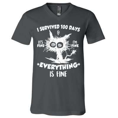 Funny I Survived 100 Days It's Fine I'm Fine Everything Is Fine V-Neck T-Shirt