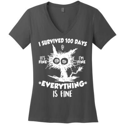 Funny I Survived 100 Days It's Fine I'm Fine Everything Is Fine Women's V-Neck T-Shirt