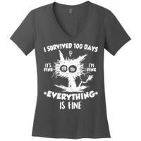 Funny I Survived 100 Days It's Fine I'm Fine Everything Is Fine Women's V-Neck T-Shirt