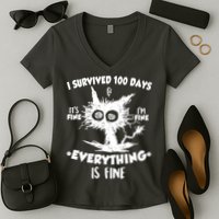 Funny I Survived 100 Days It's Fine I'm Fine Everything Is Fine Women's V-Neck T-Shirt