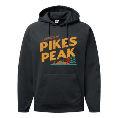 Funny I Survived Pikes Peak Retro Colorado Bigfoot Souvenir Performance Fleece Hoodie