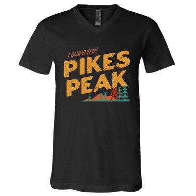 Funny I Survived Pikes Peak Retro Colorado Bigfoot Souvenir V-Neck T-Shirt