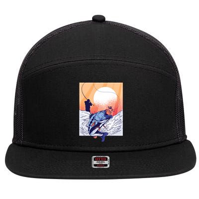 Fisherman Sunset 7 Panel Mesh Trucker Snapback Hat