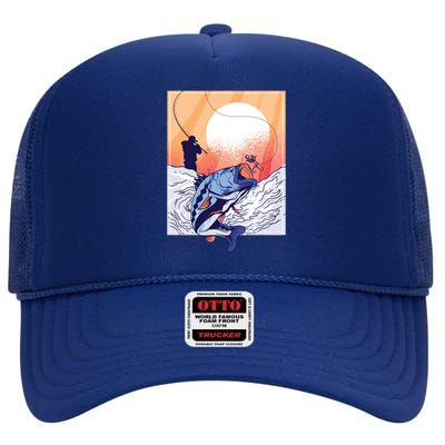 Fisherman Sunset High Crown Mesh Back Trucker Hat