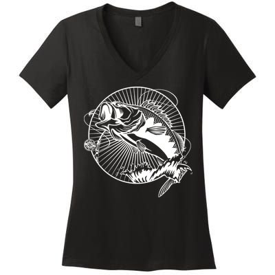 Fishing - Jumping Bass Fish Women's V-Neck T-Shirt