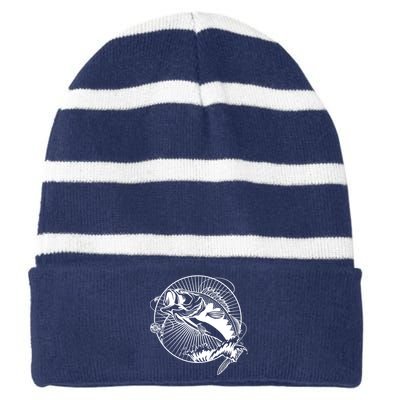 Fishing - Jumping Bass Fish Striped Beanie with Solid Band