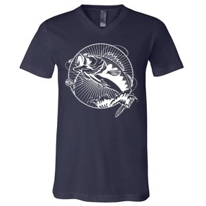 Fishing - Jumping Bass Fish V-Neck T-Shirt