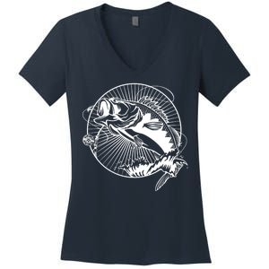 Fishing - Jumping Bass Fish Women's V-Neck T-Shirt