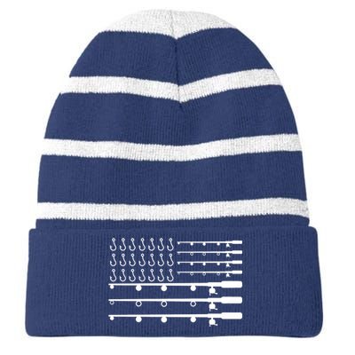 Fishing American Flag Fisherman Rods Striped Beanie with Solid Band