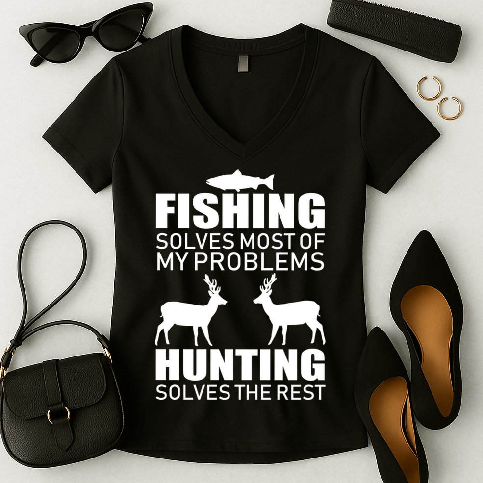 Fishing And Hunting Solves My Problems Women's V-Neck T-Shirt