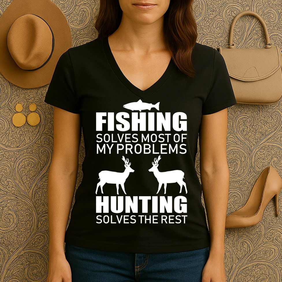Fishing And Hunting Solves My Problems Women's V-Neck T-Shirt