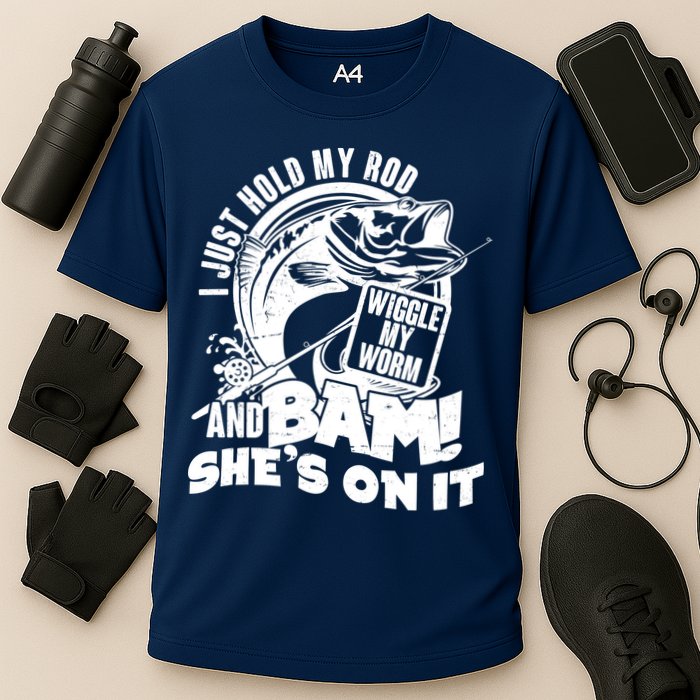 Fishing I Just Hold My Rod And Wiggle My Worm Cooling Performance Crew T-Shirt
