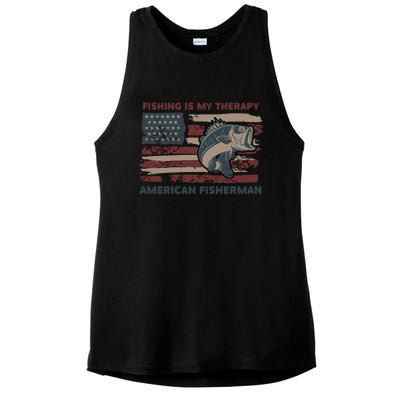 Fishing Is My Therapy American Fisherman Ladies PosiCharge Tri-Blend Wicking Tank