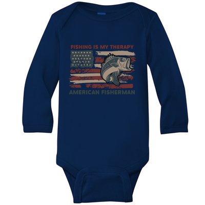 Fishing Is My Therapy American Fisherman Baby Long Sleeve Bodysuit