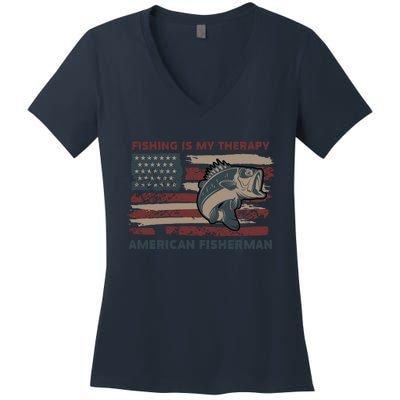 Fishing Is My Therapy American Fisherman Women's V-Neck T-Shirt