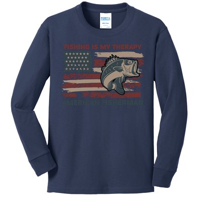 Fishing Is My Therapy American Fisherman Kids Long Sleeve Shirt