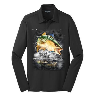 Fishing Jumping Striped Bass Silk Touch Performance Long Sleeve Polo