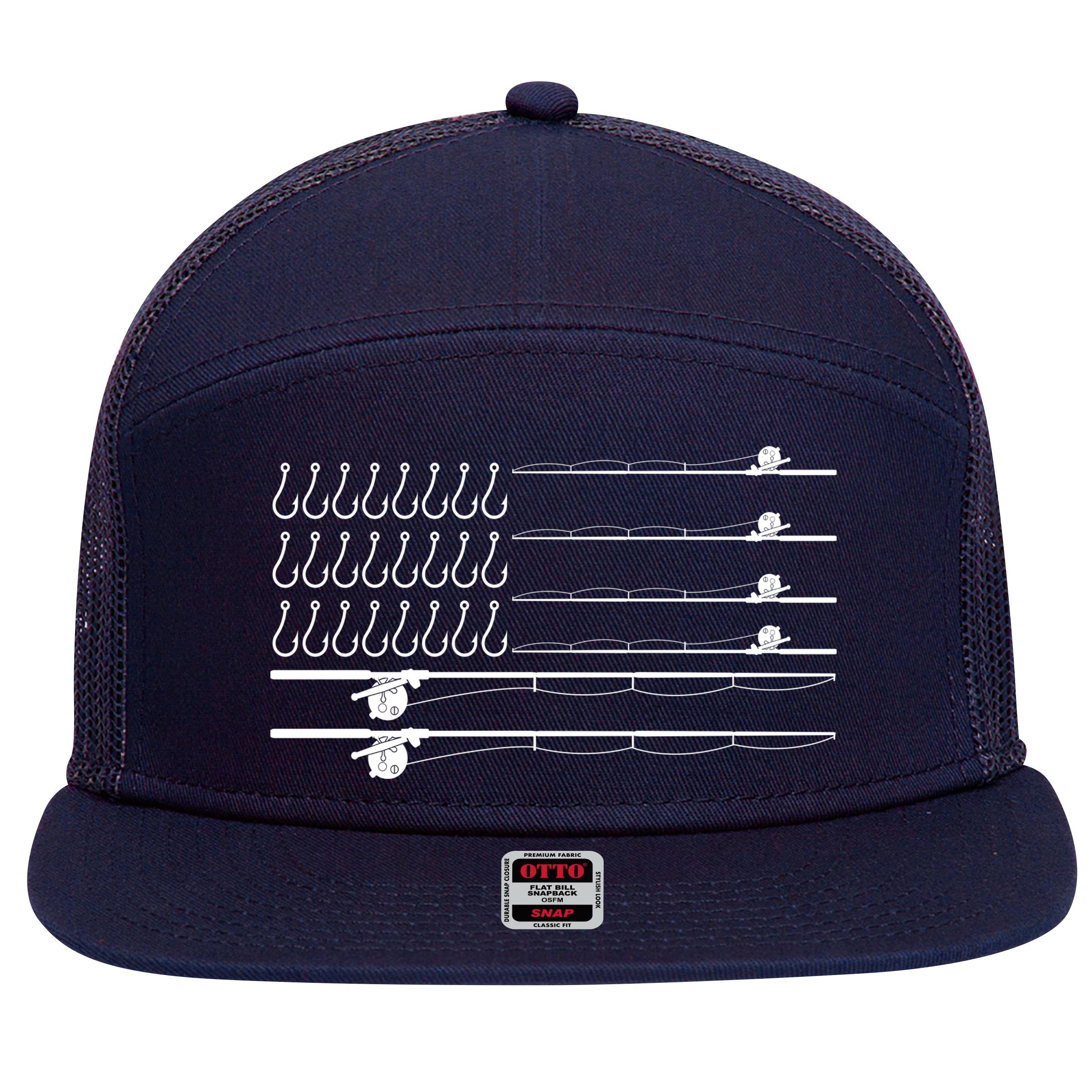 Fishing Pole Hooks USA American Flag 7 Panel Mesh Trucker Snapback Hat