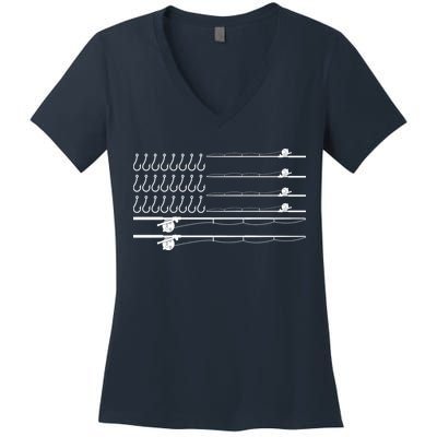 Fishing Pole Hooks USA American Flag Women's V-Neck T-Shirt