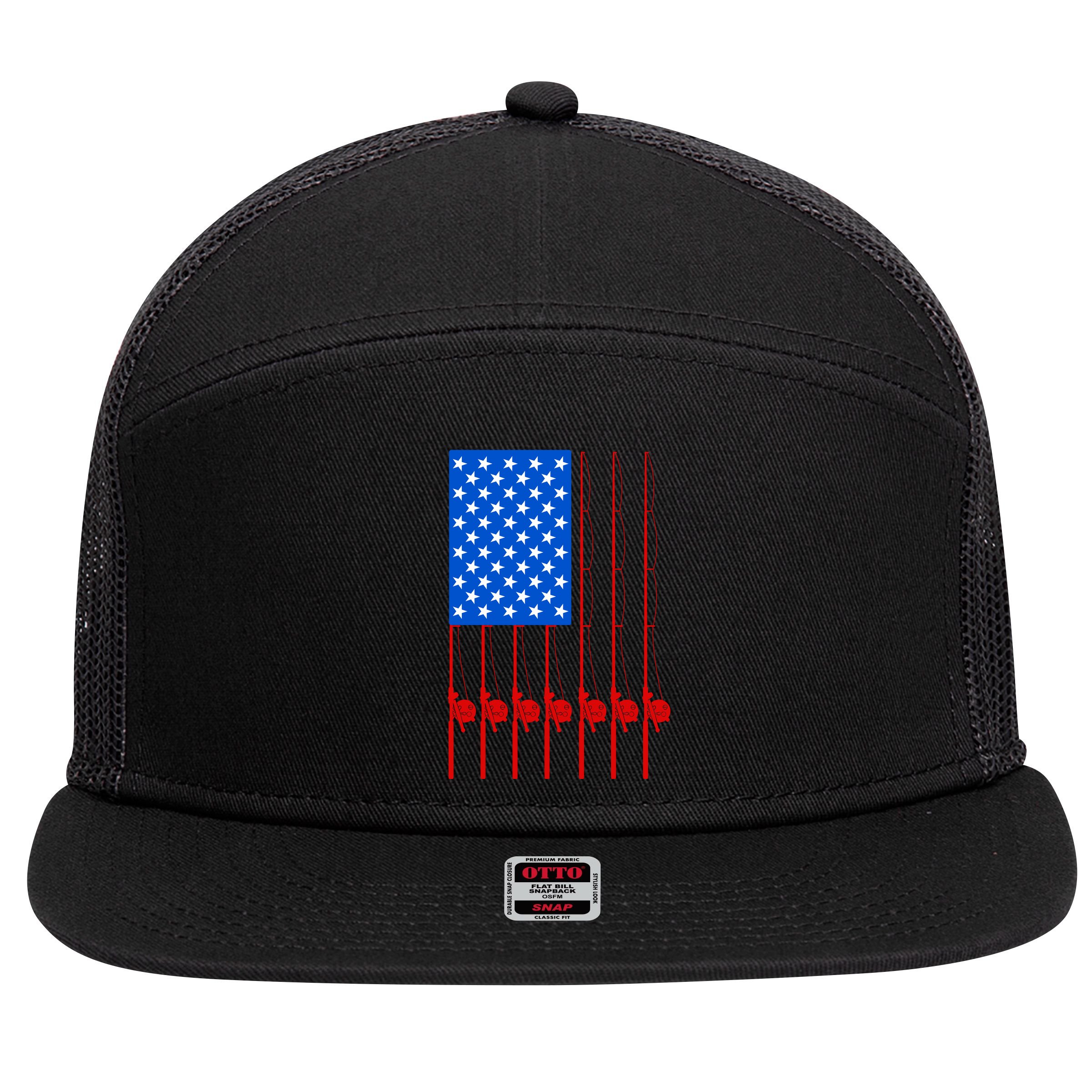Fishing Poles USA American Flag 7 Panel Mesh Trucker Snapback Hat